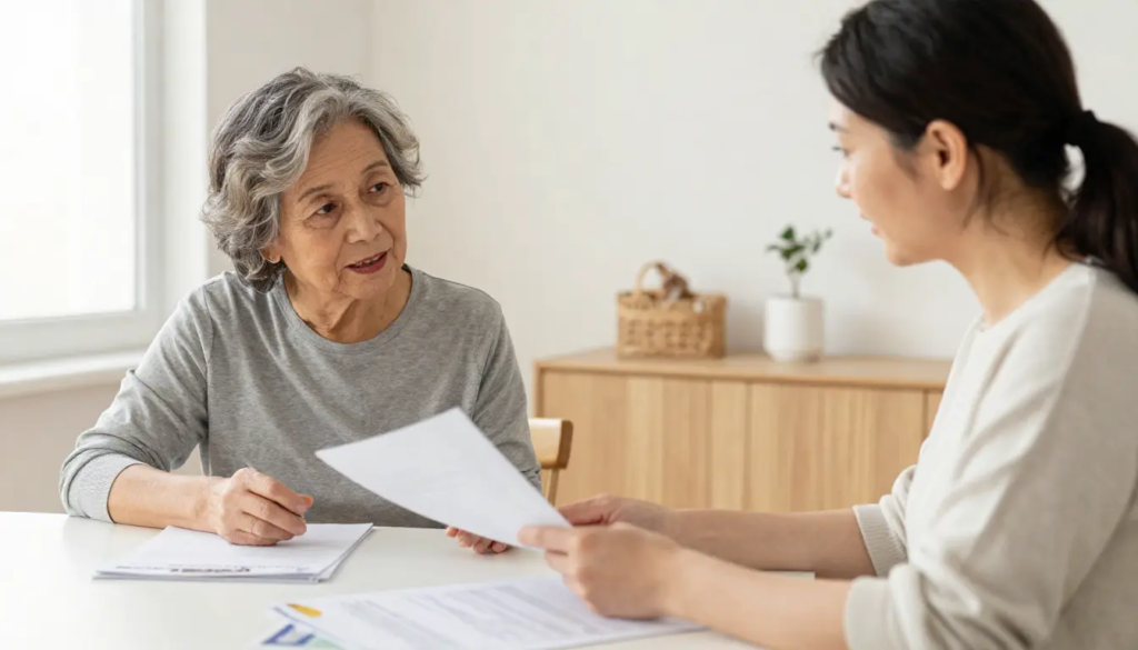 Senior woman discussing care options with caregiver