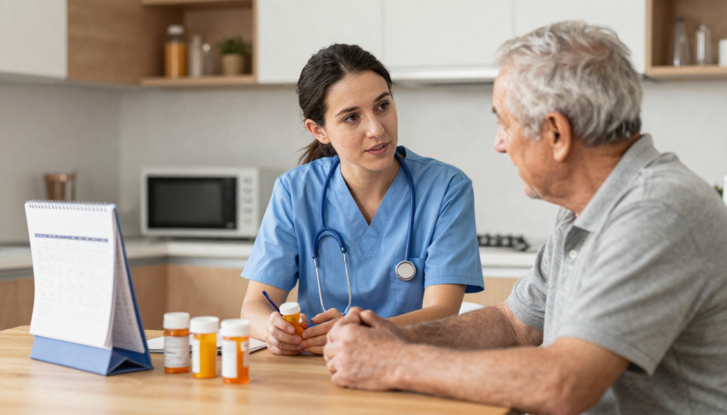Caregiver reviewing medications and care schedule with an elderly man at home