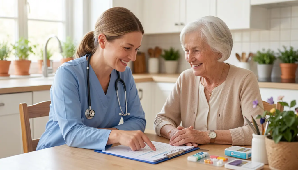 Caregiver reviewing care plan with senior