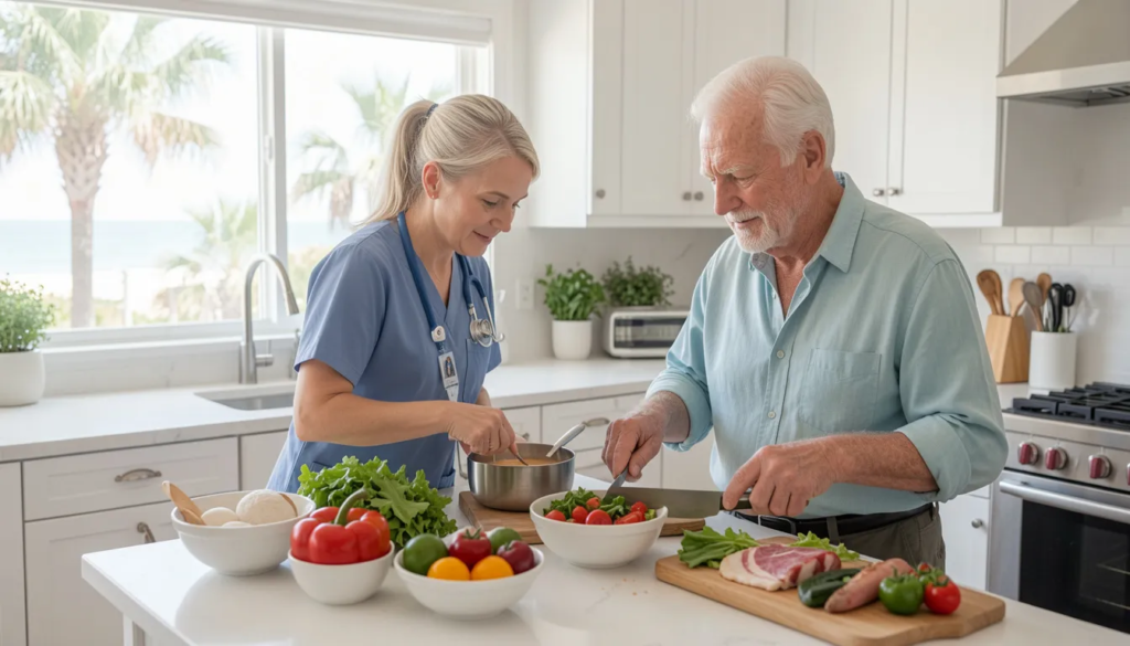 Caregiver helping senior prepare healthy meals