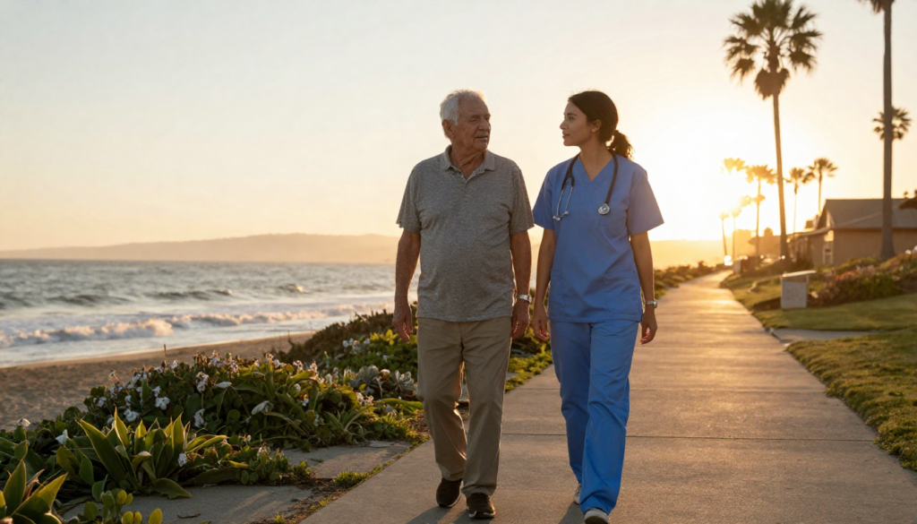 Senior walking with caregiver by the beach