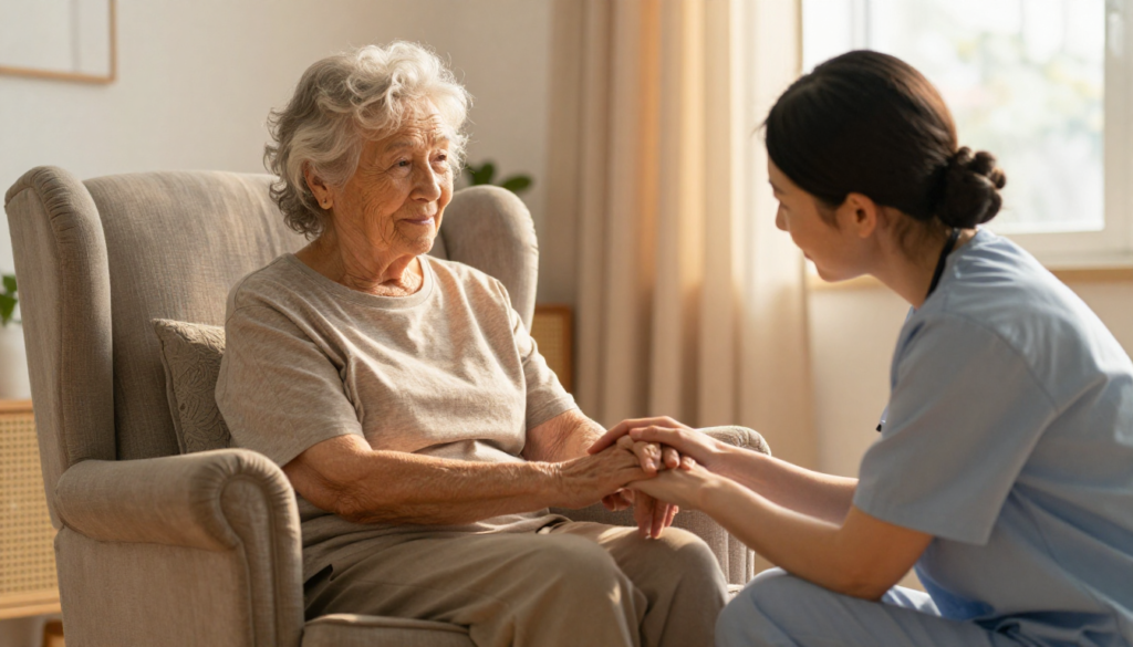 Non-medical home caregiver holding an elderly woman's hands while providing companionship and personal care